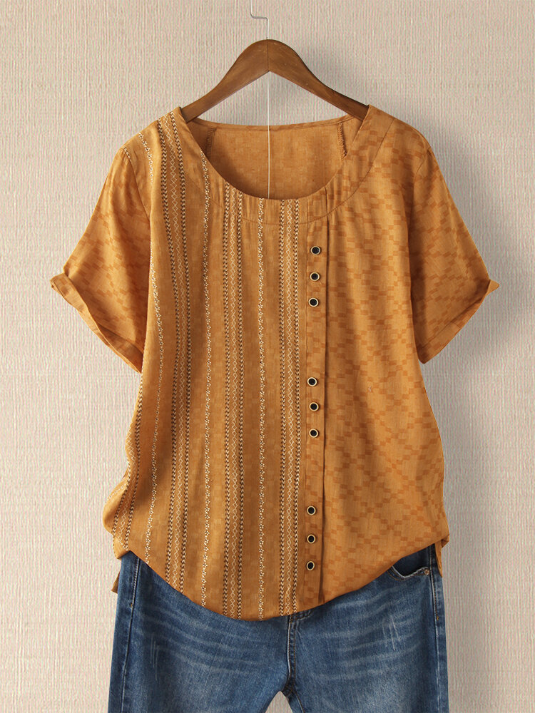 Striped Embroidery O-neck Button T-shirt For Women