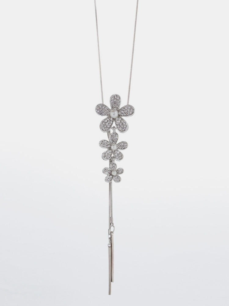 Elegant Dazzling Diamond Flower Pearl Necklaces Three Flowers Tassel Long Sweater Necklace for Women