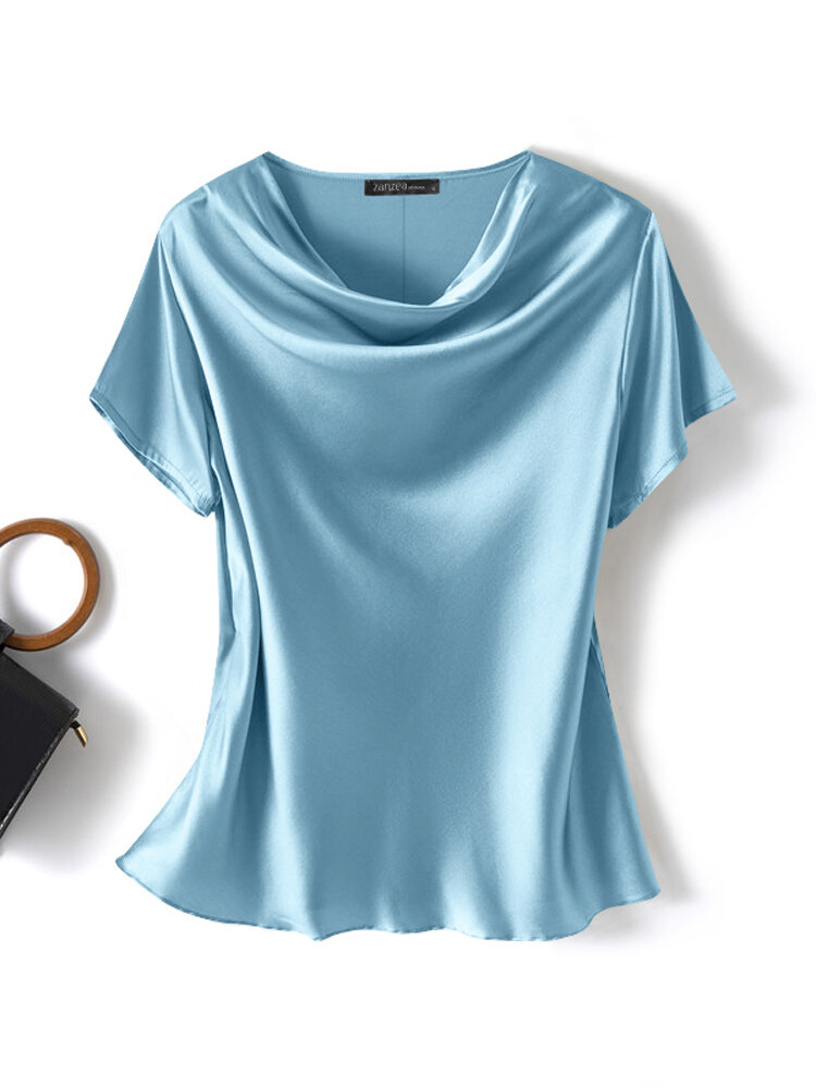 Women Satin Solid Cowl Neck Casual Short Sleeve Blouse