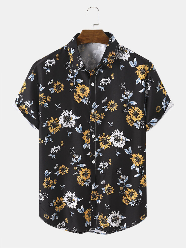 Mens All Over Floral Print Topstitching Holiday Short Sleeve Shirts