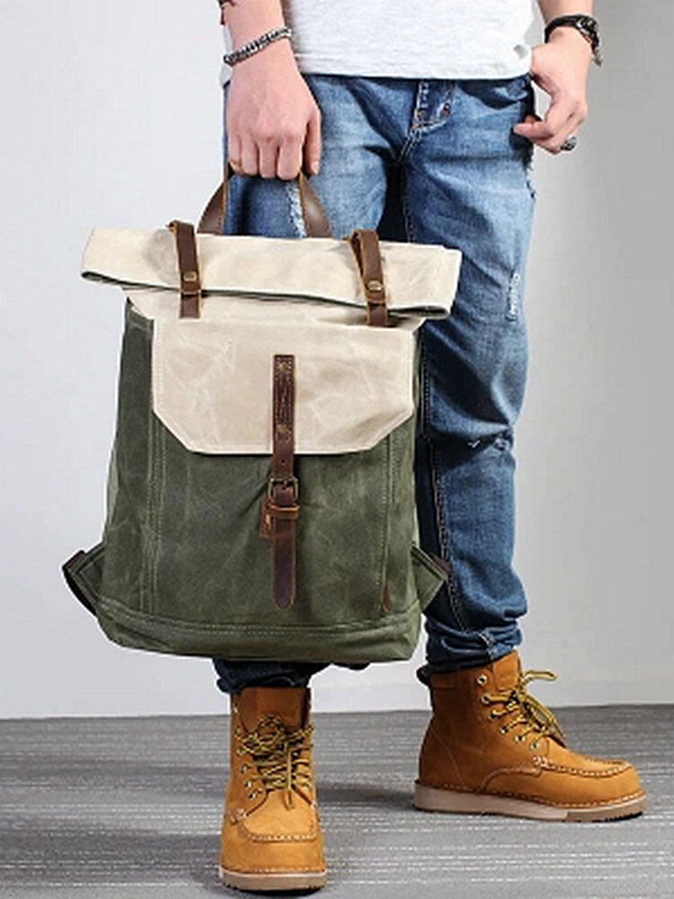 Genuine Leather Canvas Retro Waterproof Backpack Casual Travel Bags For Men Women