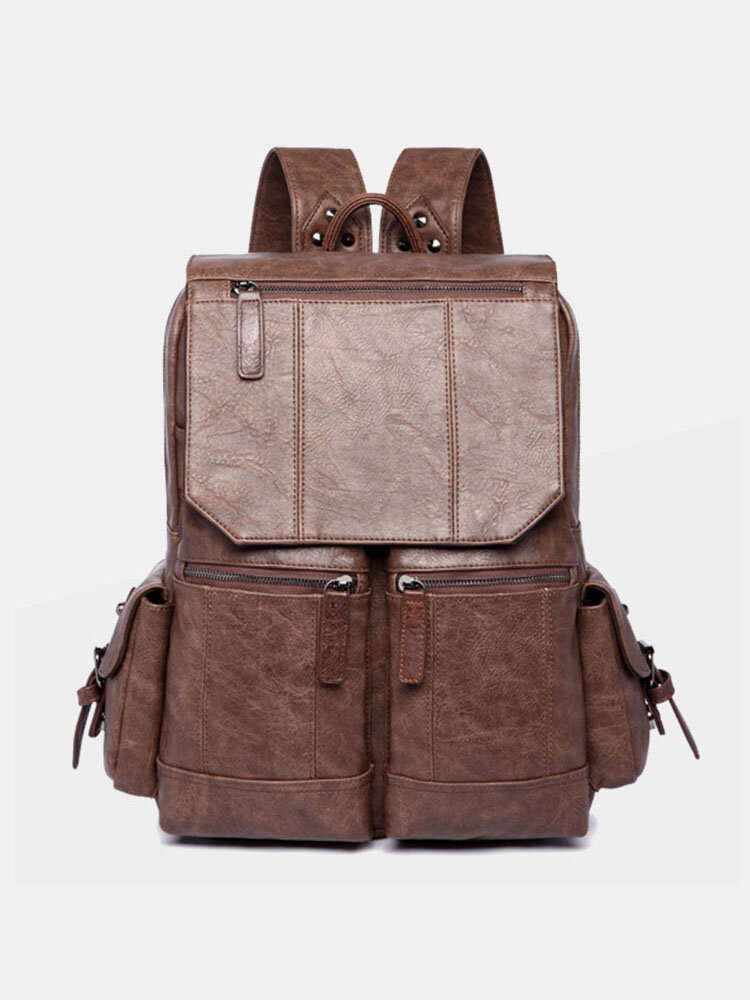 Men Retro PU Leather Large Capacity 15.6 Inch Laptop Bag Backpack