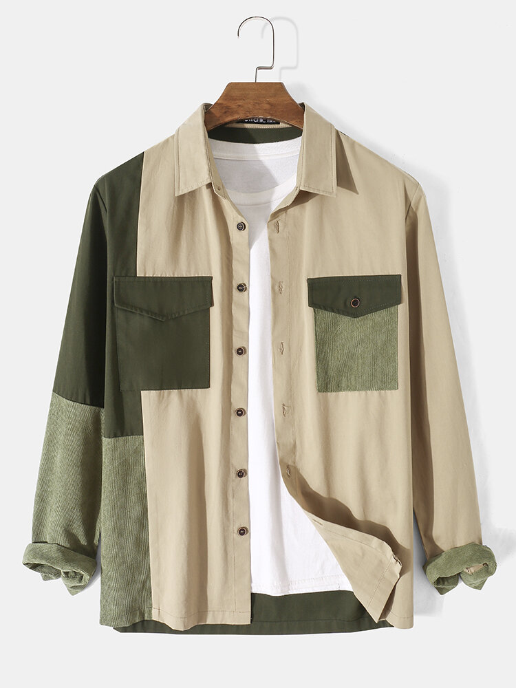 

Mens Corduroy Tricolor Patchwork Button Cotton Preppy Long Sleeve Shirts, Khaki