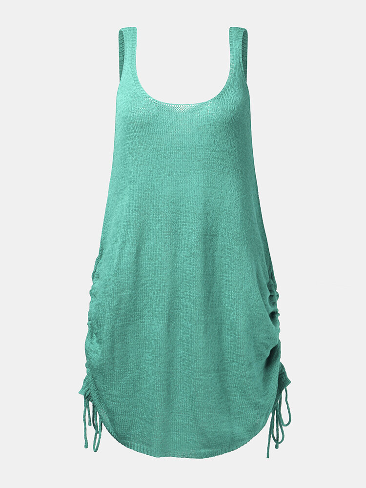 Backless Knitted O-neck Sleeveless Solid Color Drawstring Sexy Tank Top