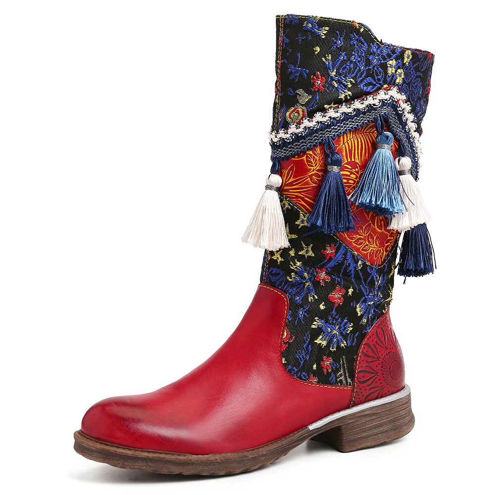 SOCOFY Colorful Tassel Retro Folkways Pattern Genuine Leather Soft Sole Flat Mid Calf Boots