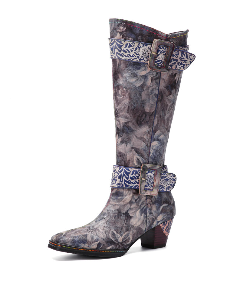 Socofy Ancient Style Painting Buckle Design Side-zip Comfy Chunky Heel Genuine Leather Knee Boots