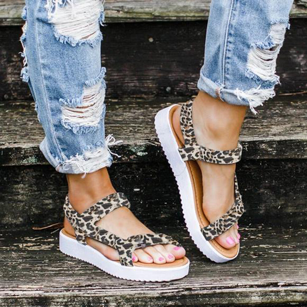 Large Sizes Women Leopard Solid Color Hook Loop Flats Sandals