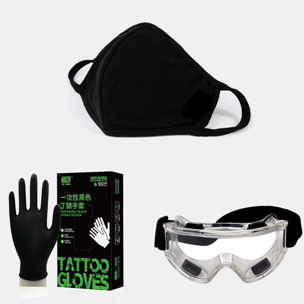 3pcs/set for Pensonal Outfit Black Cotton Mask Disposable Black Gloves Anti-fog Goggles