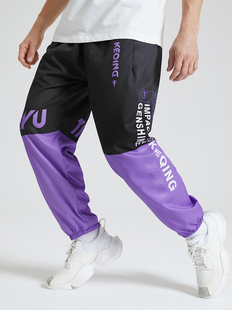 Mens Letter Print Two Tone Street Loose Cuffed Pants