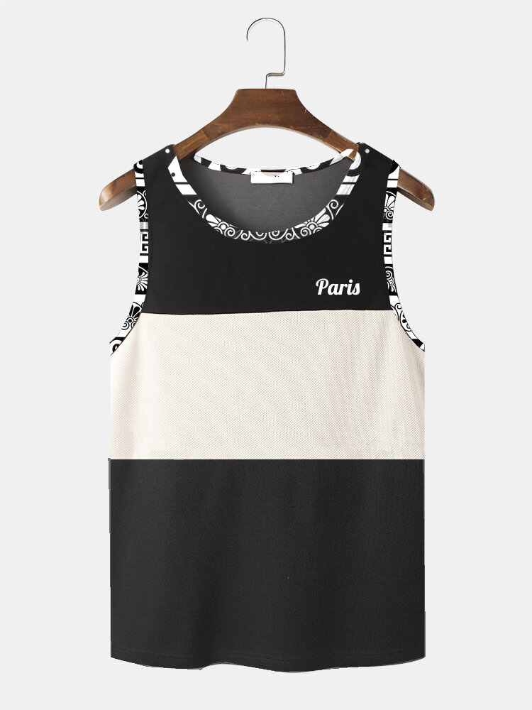 Mens Color Block Trims Print Patchwork Knitted Sleeveless Tanks