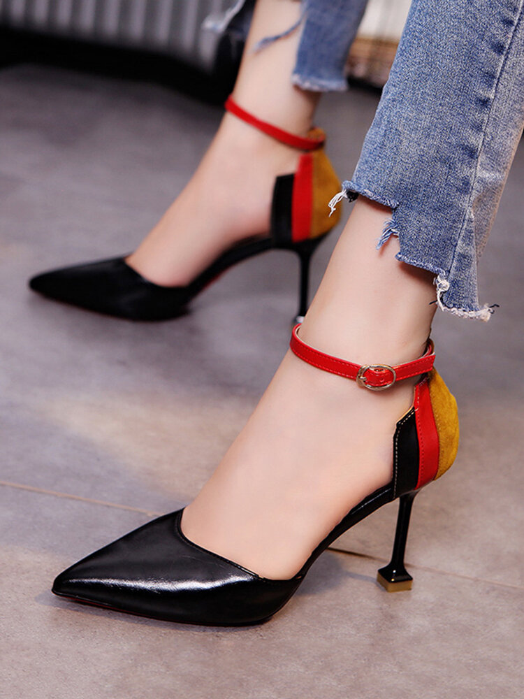 Women Color Matching Buckle Strap Pointed Toe Pumps