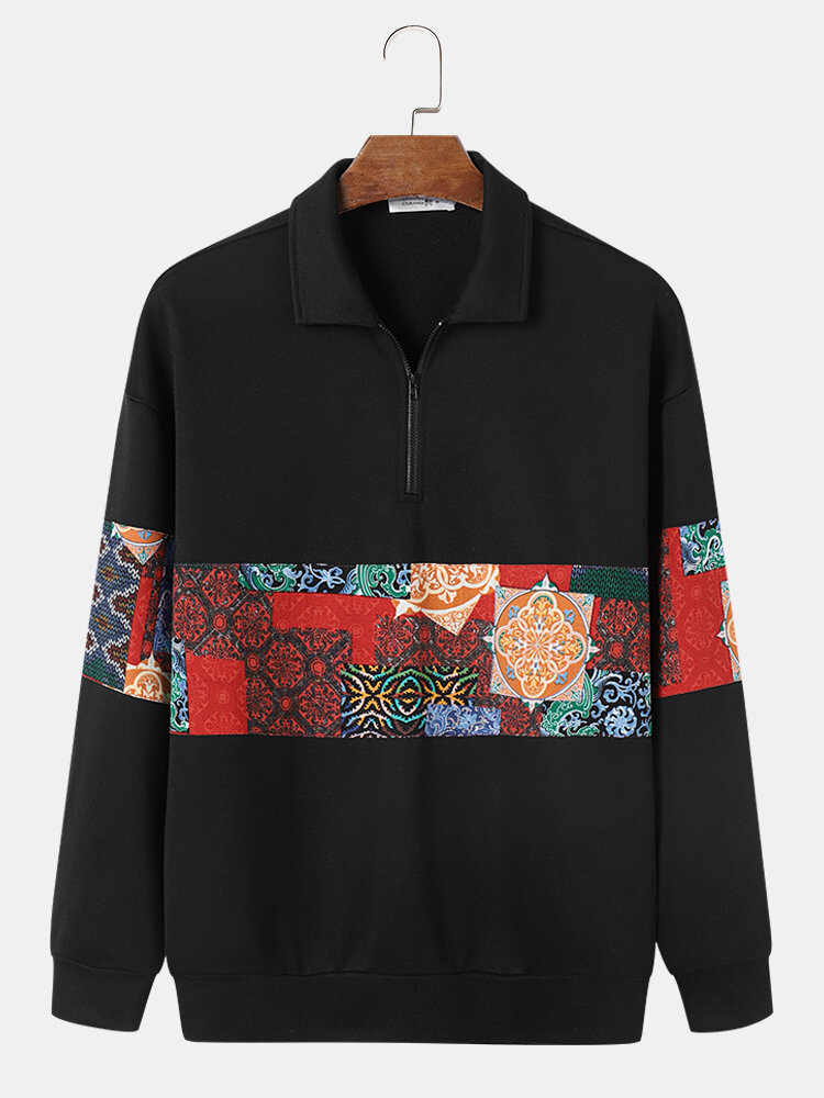 Mens Ethnic Floral Pattern Patchwork Lapel Pullover Sweatshirts