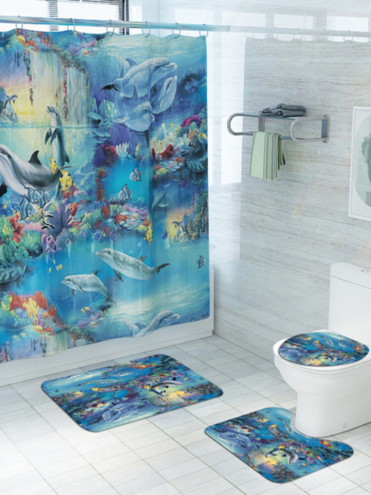 Dolphin Printed Shower Curtain  Carpet Floor Mat Four-Piece Combination Bathroom Mat Set