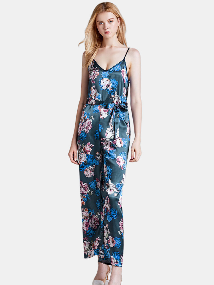 Silk Floral Pajamas Jumpsuits Sleeveless Tie V-Neck Sleepwear For Spring Summer