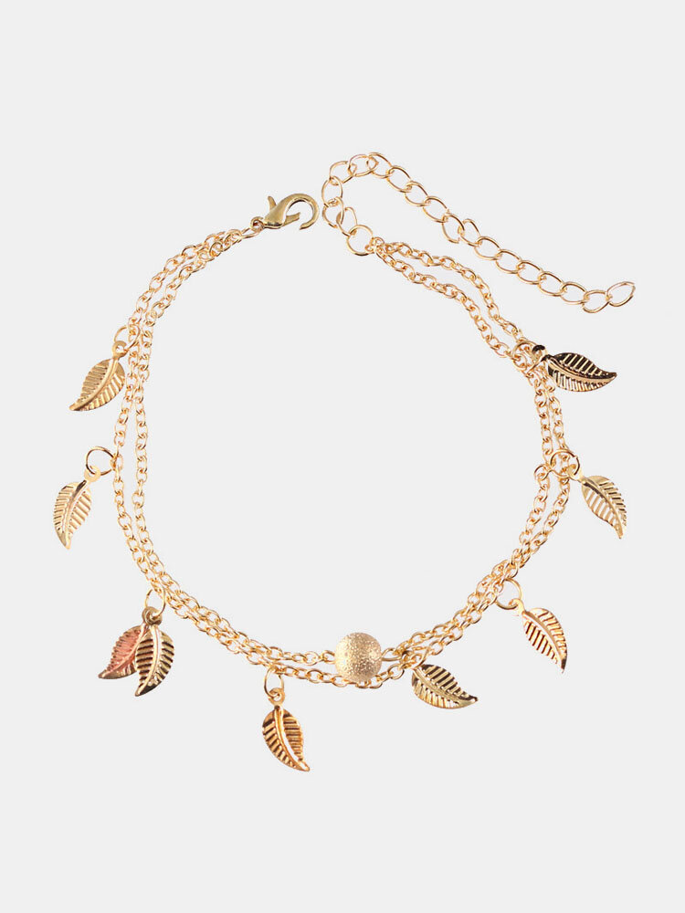 Trendy Silver Gold Color Leaf Pendant Womens Anklet Double Layer Ball Charm Anklet Bracelets