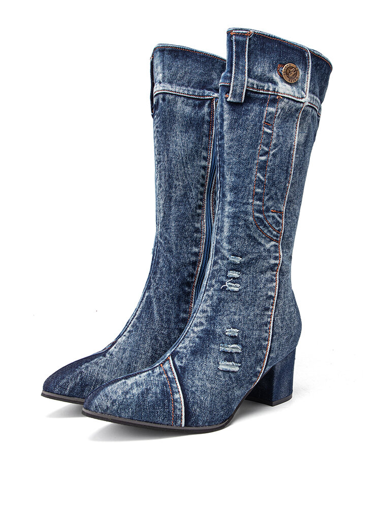 Women Casual Side Zipper Pointed Toe Chunky Heel Mid-calf Denim Cloth Boots