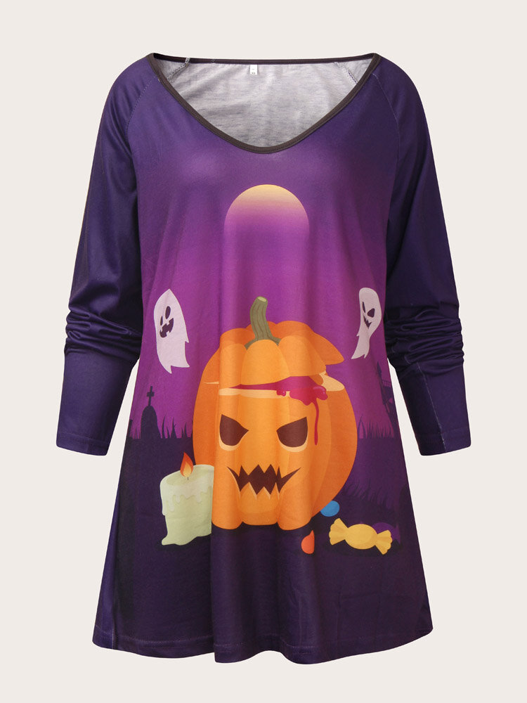 Plus Size Cartoon Pumpkin Print Halloween Casual V-neck T-shirt