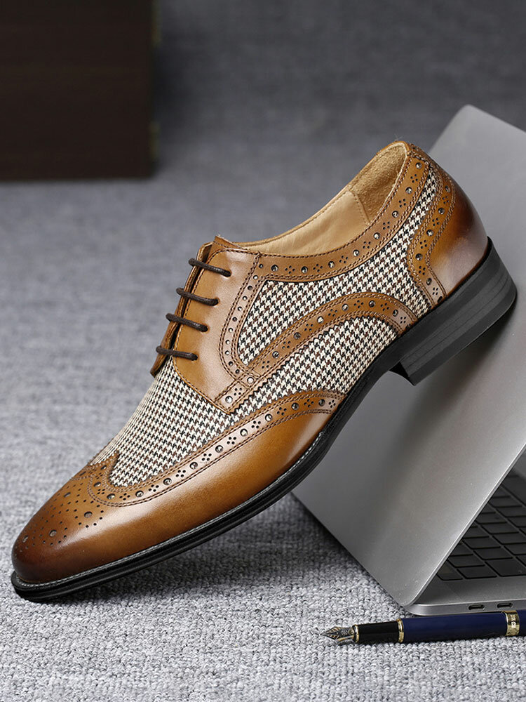 Men Brogue Leather Splicing Oxfords Lace Up Business Dress Shoes