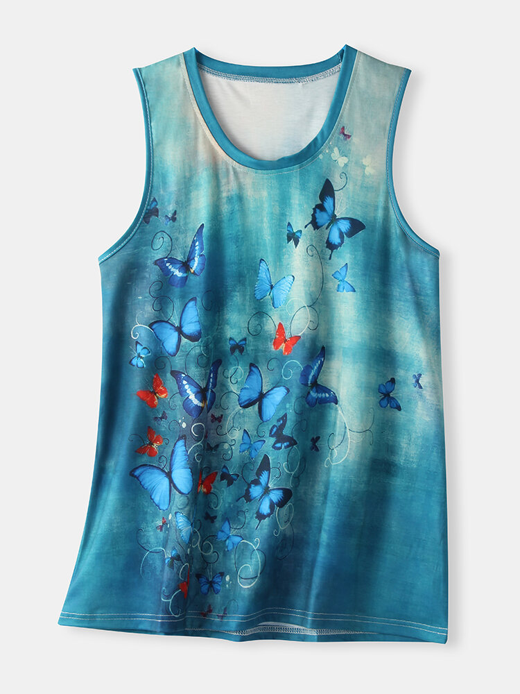 Butterfly Print O-neck Casual Tank Top For Women