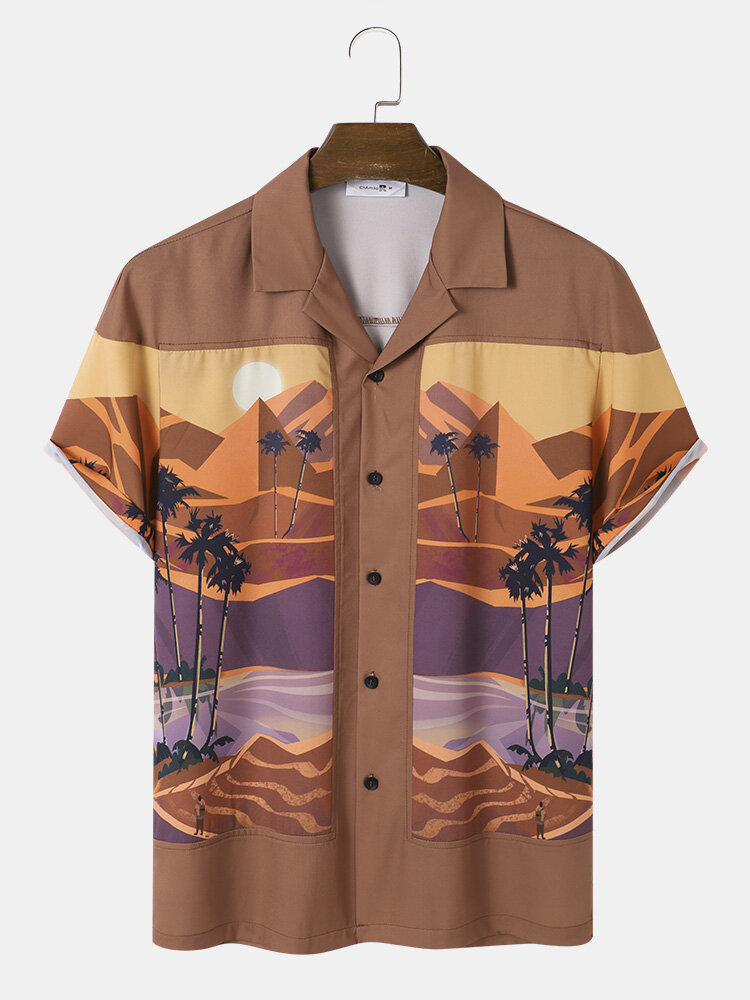 Mens Desert Landscape Print Revere Collar Holiday Short Sleeve Shirts