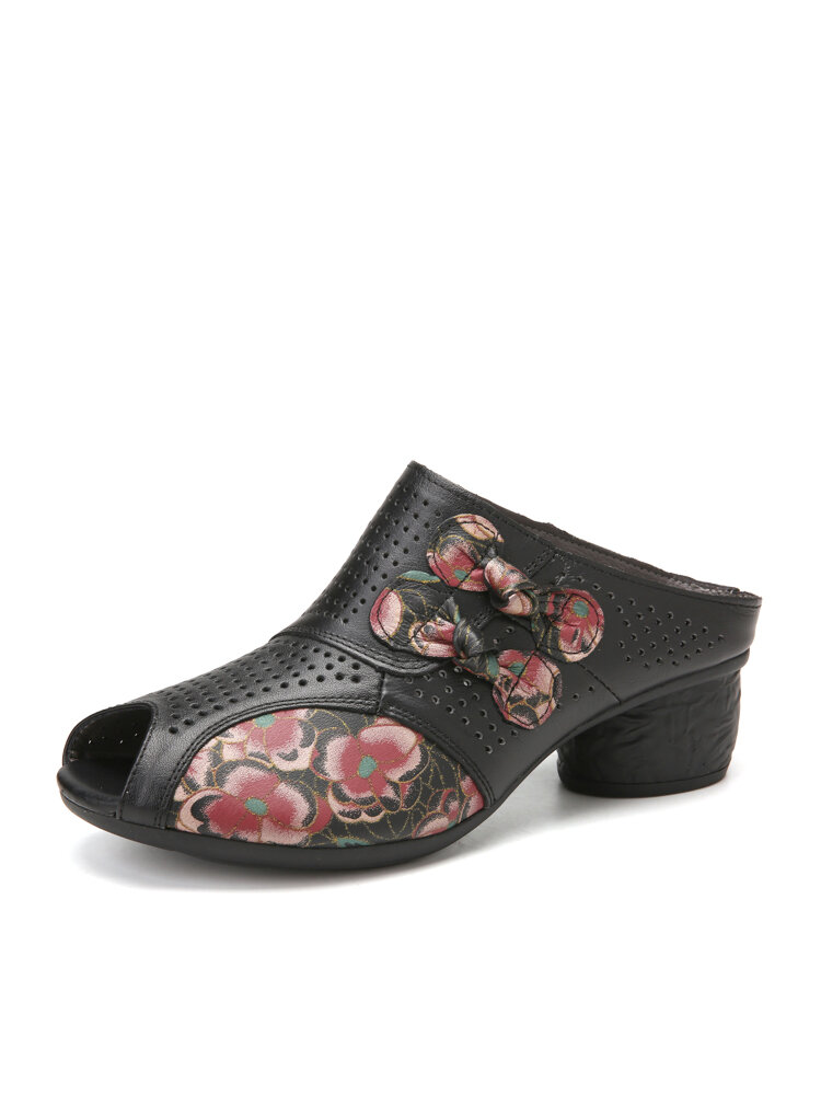 SOCOFY Ethnic Floral Bowknot Decor Hollow Out Printed Cowhide Leather Peep Toe Heel Sandas