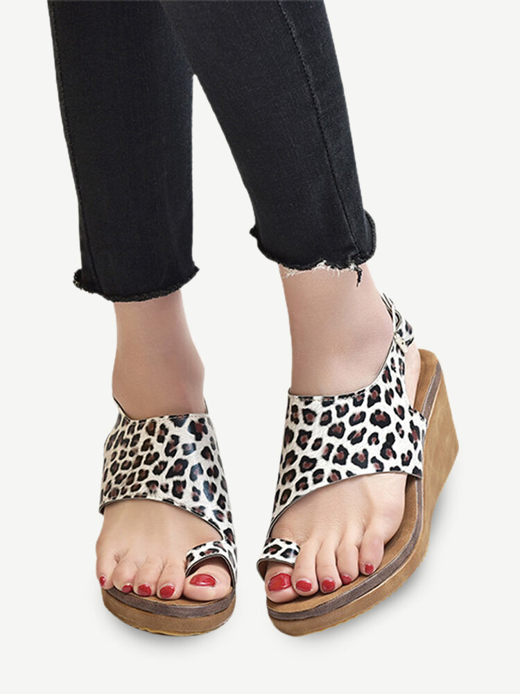 Large Size Women Casual Clip Toe Leopard Wedges Sandals
