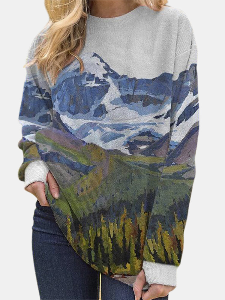 Landscape Print Fleece O-neck Long Sleeve Plus Size Blouse