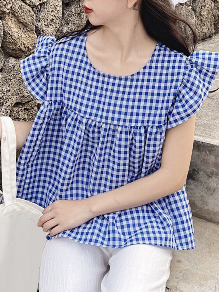 Check Print Ruffle Sleeve Crew Neck Casual Blouse