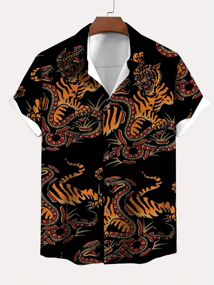 

Mens Chinese Style Animal Print Lapel Short Sleeve Shirts, Black