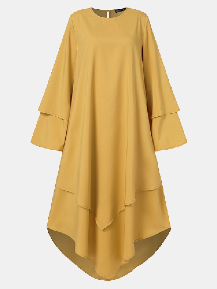 Asymmetrical Solid Color O-neck Long Sleeve Plus Size Midi Dress for Women