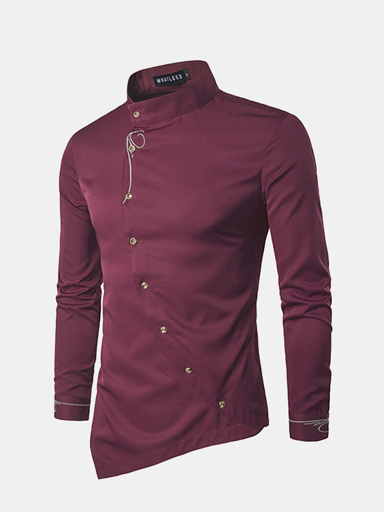 

Casual Personality Embroidery Oblique Irregularity Buttons Long Sleeve Dress Shirts for Men, White;black;light blue;navy blue;gray;wine red