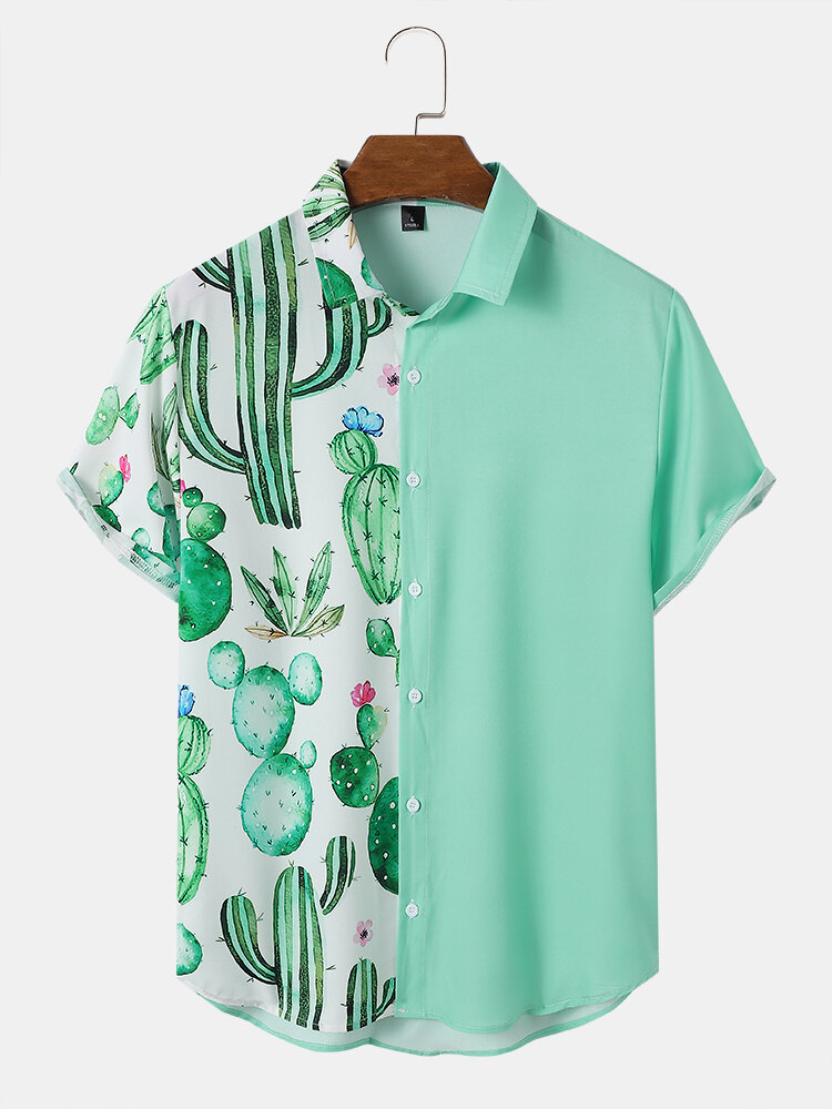 Mens Cactus Print Patchwork Holiday Short Sleeve Shirts
