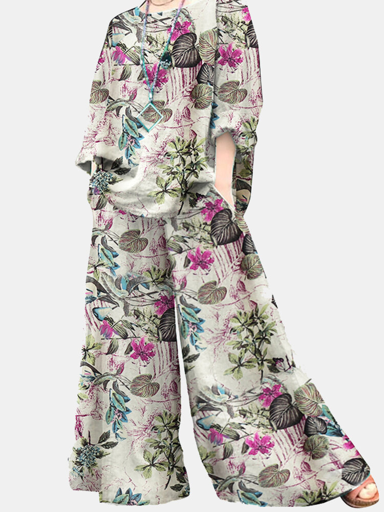 Zweiteiliger Anzug mit Pflanzen-Print und Taschen-Rundhalsausschnitt