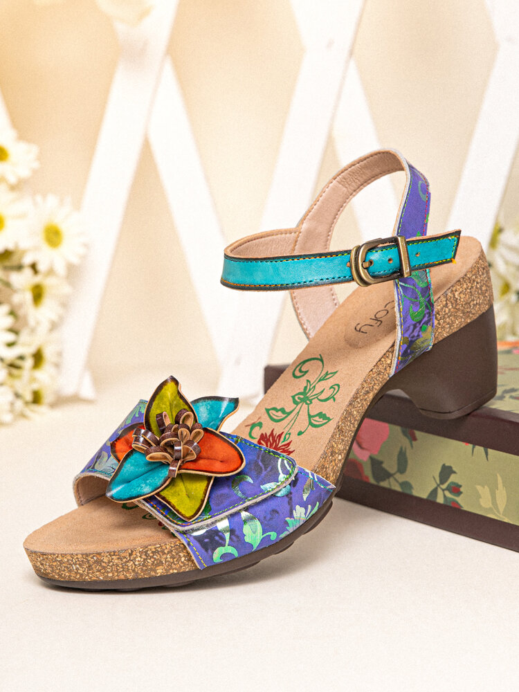 Socofy Genuine Leather Casual Bohemian Ethnic Three-dimensional Flower Comfy Hasp Heeled Sandals