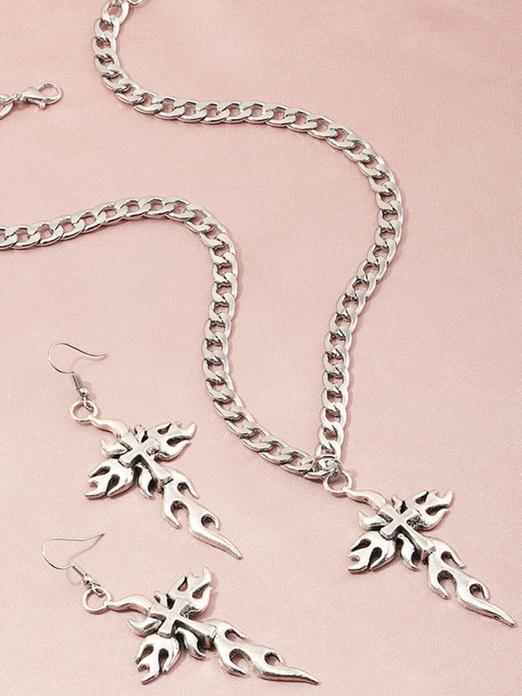 Vintage Metal Flame Cutout Earrings Punk Geometry Cross Pendant Necklace Set
