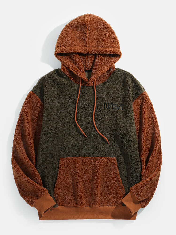 

Mens Contrast Patchwork NASA Embroidery Casual Drawstring Teddy Hoodies, Brown