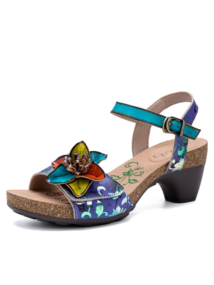 Socofy Genuine Leather Casual Bohemian Ethnic Three-dimensional Flower Comfy Hasp Heeled Sandals