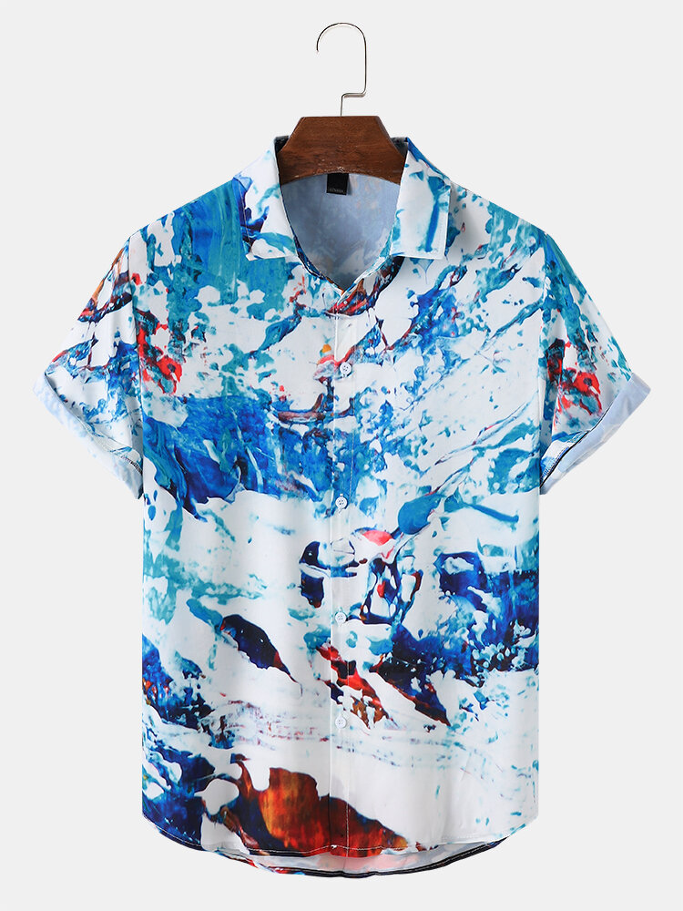 Mens Snow Mountain Landscape Print Lapel Short Sleeve Shirt