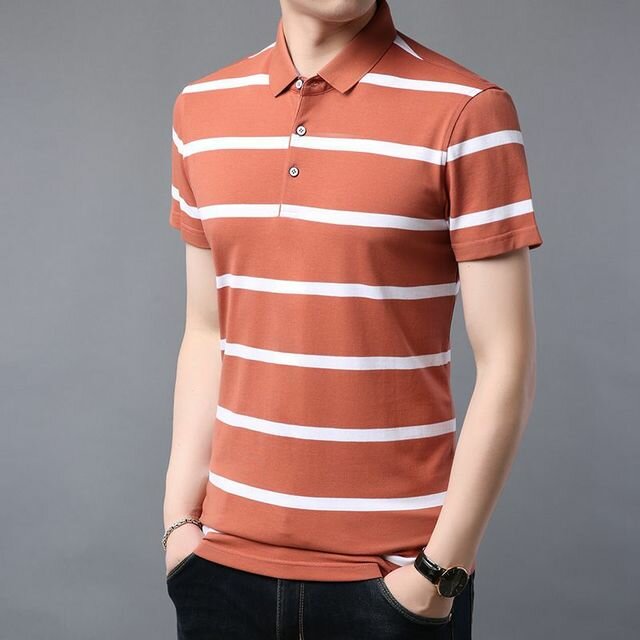 Summer Mens Short-sleeved T-shirt Youth Striped Loose Golf Shirts