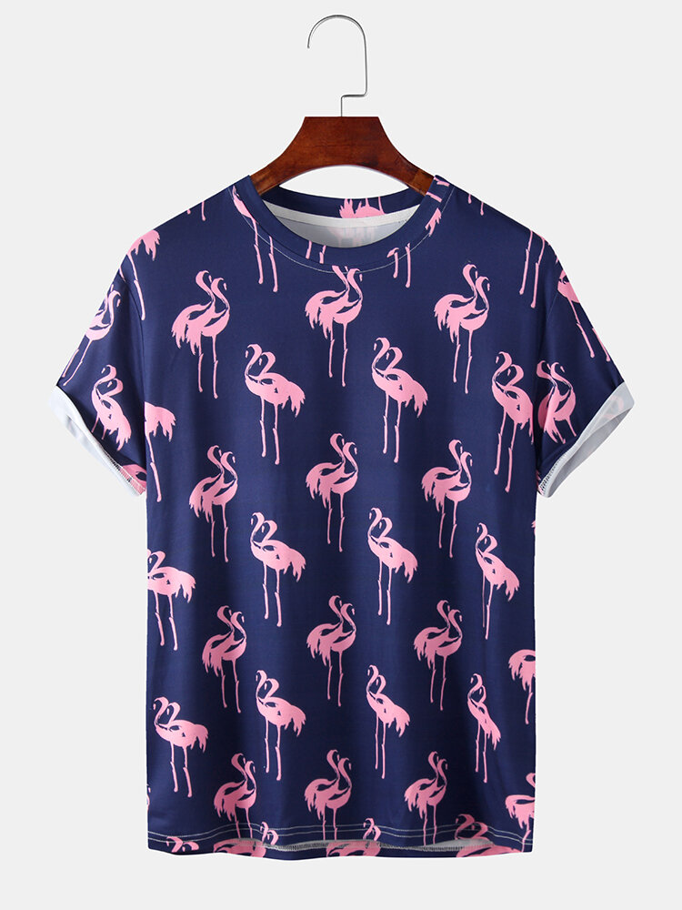 Mens Fashion Designer Flamingo Printed Short Sleeve T-shirt