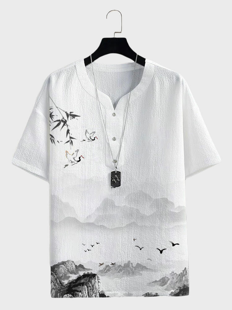 

Mens Chinese Crane Landscape Ink Painting Notched Neck Texture T-Shirts, White