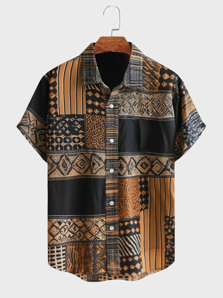 Mens Vintage Ethnic Geometric Print Patchwork Lapel Short Sleeve Shirts