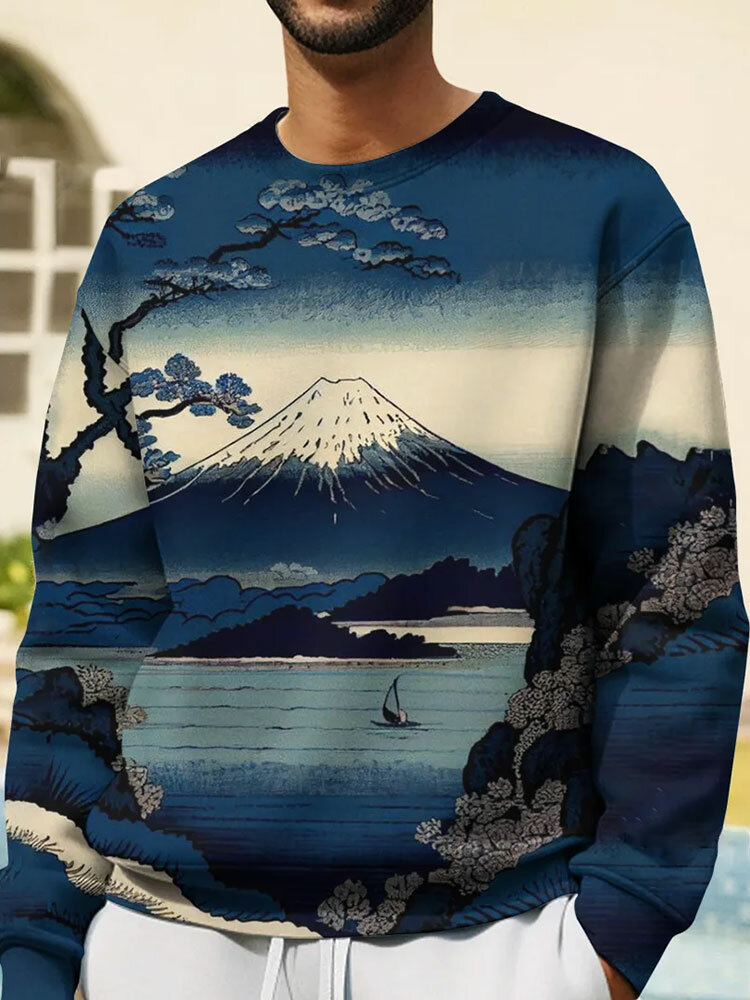 

Mens Allover Japanese Landscape Print Crew Neck Pullover Sweatshirts Winter, Blue