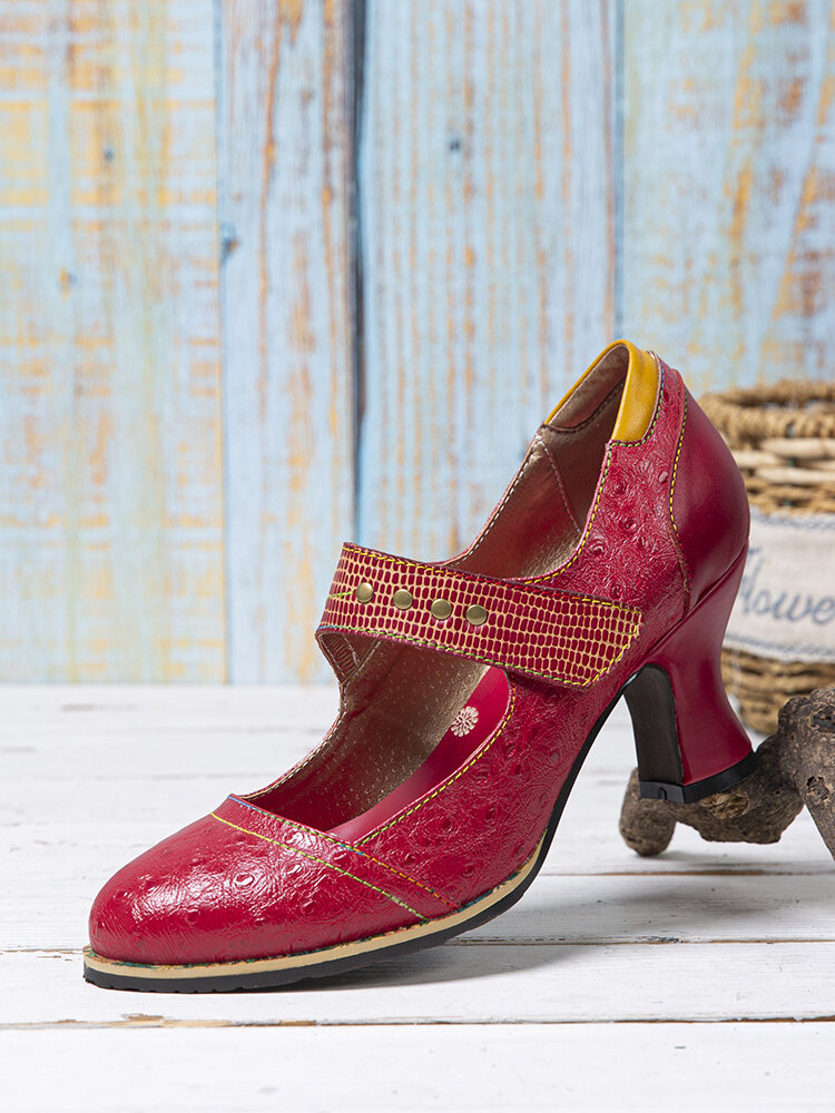 SOCOFY Correa de tobillo con decoración de metal de cuero en relieve Gancho Loop Party Boda Zapatos Mary Jane Pumps