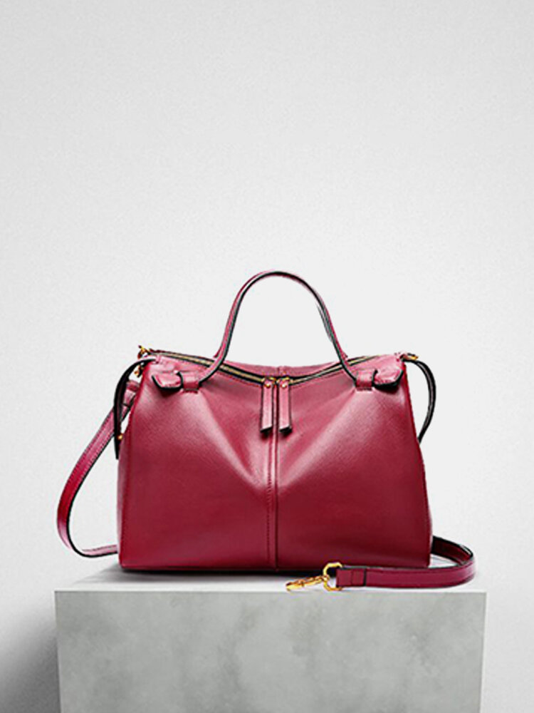  Women Vintage First Layer Genuine Leather Handbags Solid Handbag Boston Shoulder Bag