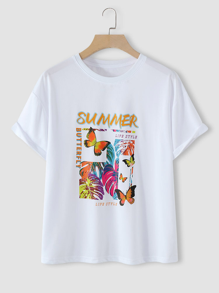 Butterfly Letter Graphic Short Sleeve Crew Neck Casual T-shirt