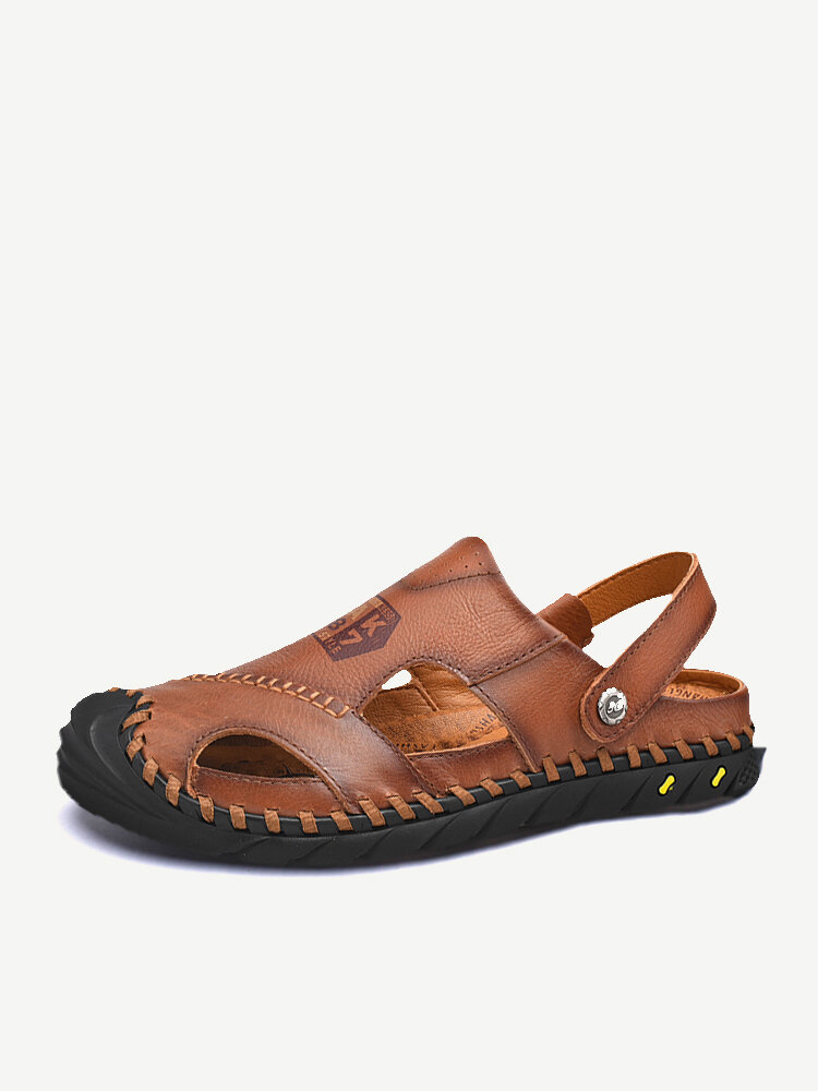 Men Anti-collision Toe Cow Leather Stitching Outdoor Water Sandals