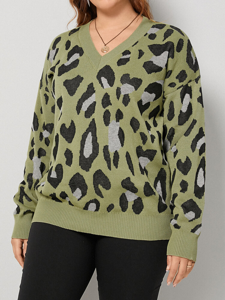 Plus Size Casual Leopard Print V-neck Patchwork Sweater