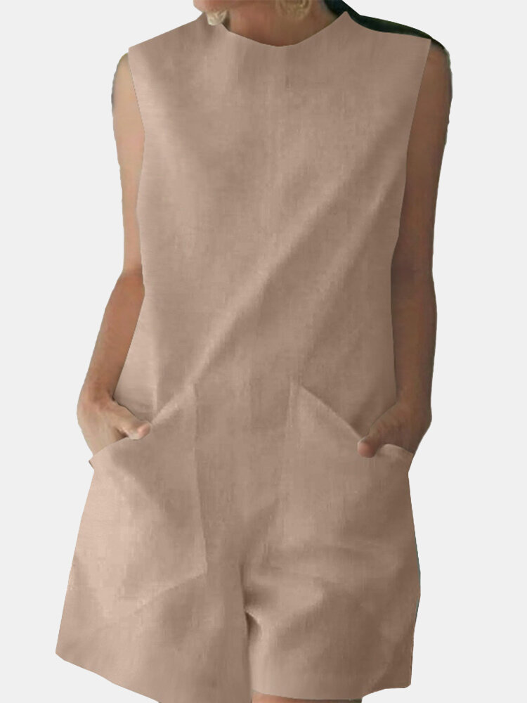 Solid Color Sleeveless O-neck Pocket Jumpsuit