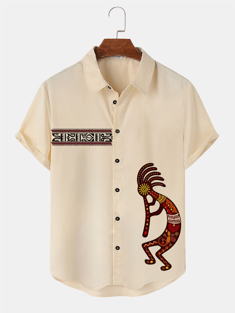 Herren-Hemden mit ethnischem Stammes-Figurendruck, Revers, kurzärmelig, Winter
